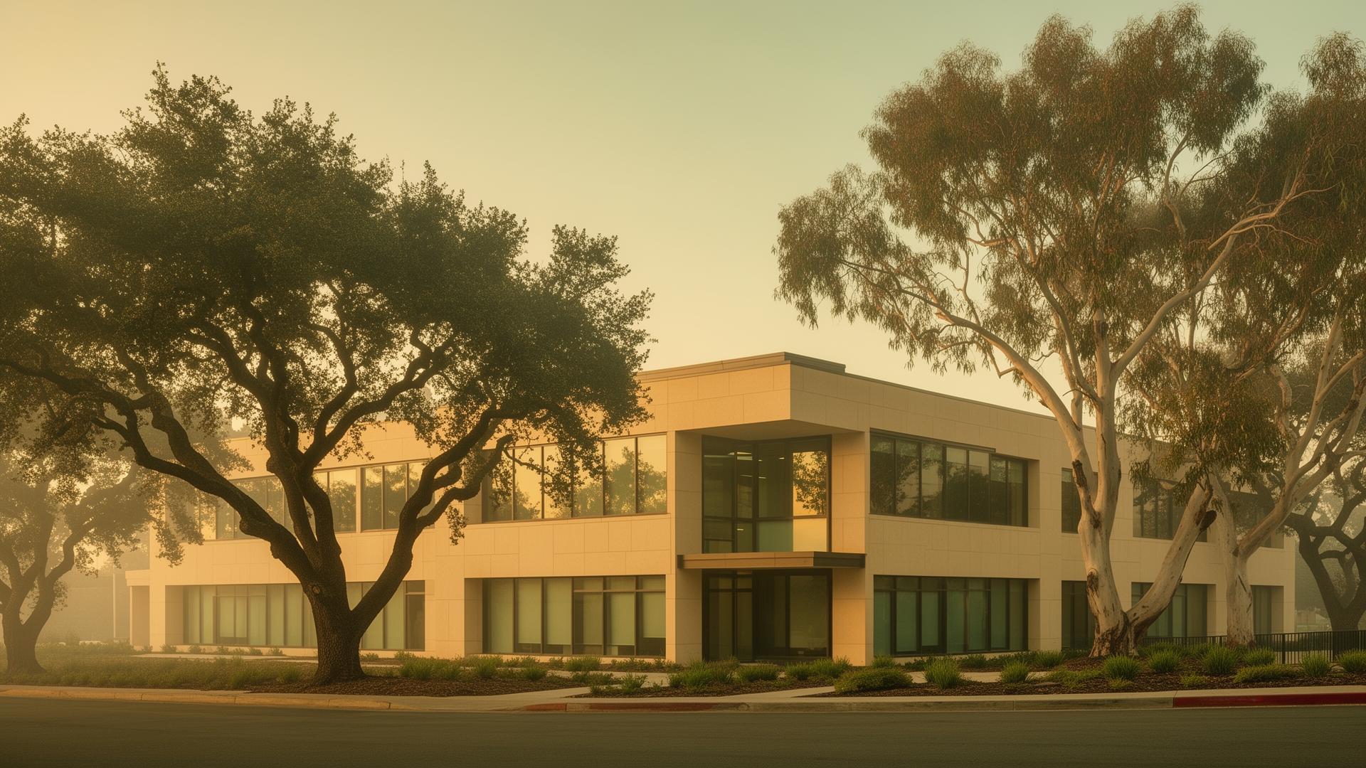 Modern low-rise Menlo Park office at golden hour with California oak trees